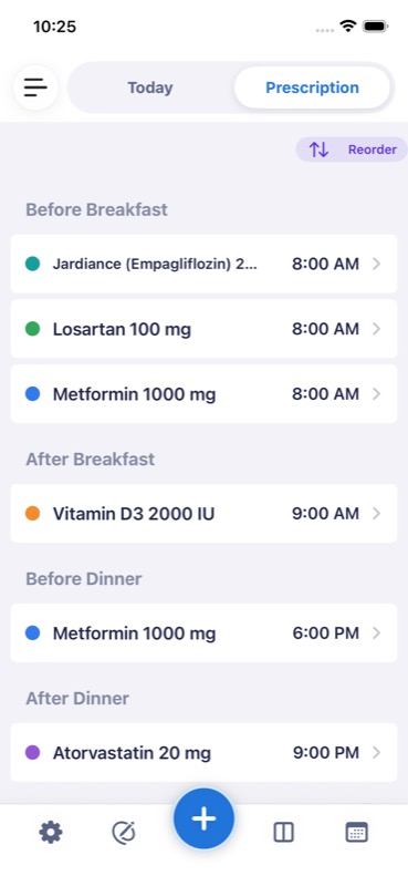 Prescription list ordered by time of day